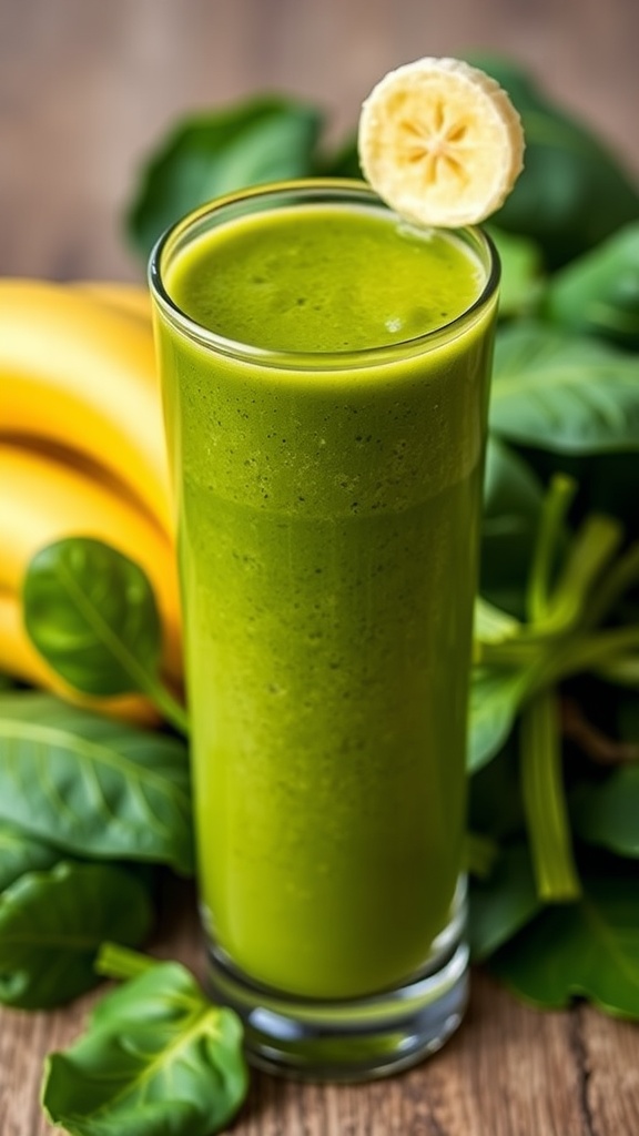 A refreshing spinach banana smoothie in a glass, garnished with banana slice, surrounded by spinach and bananas.